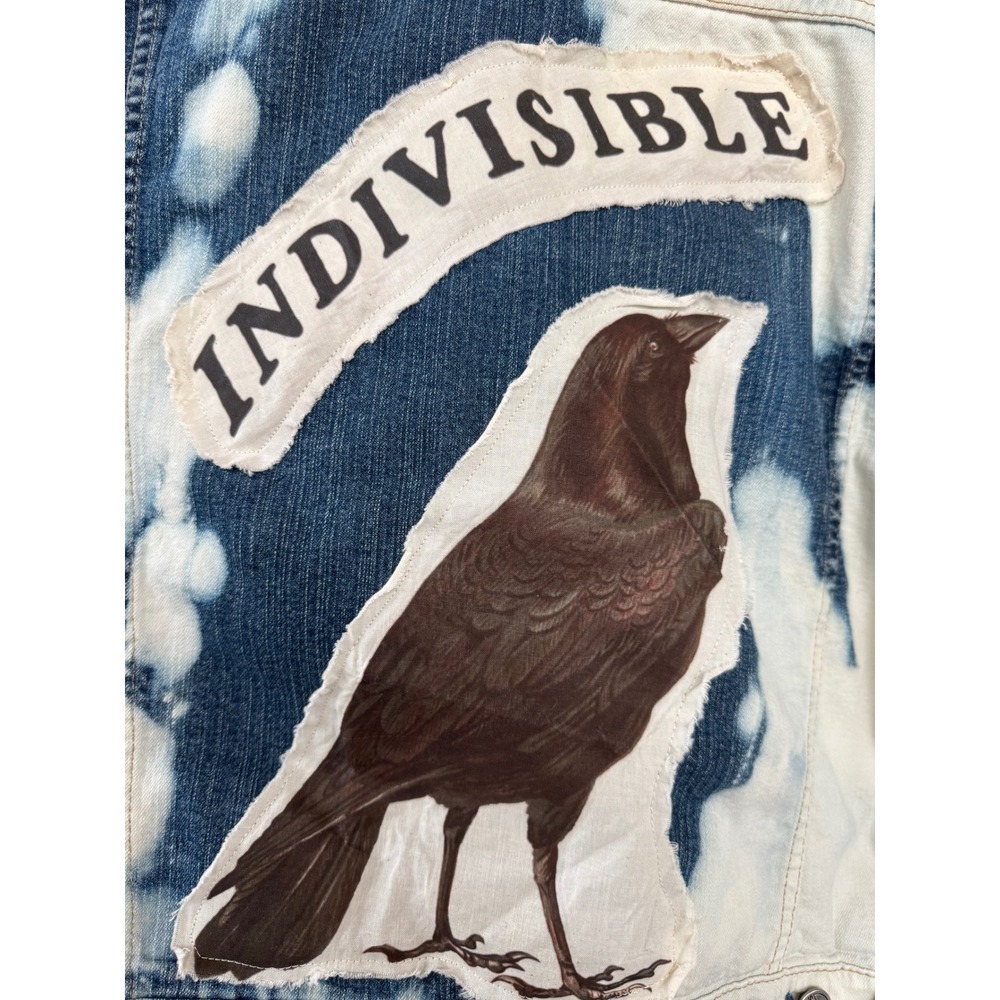 Upcycled Denim Jacket Crow Patch Indivisible Medium Folk Art - Picture 3 of 9